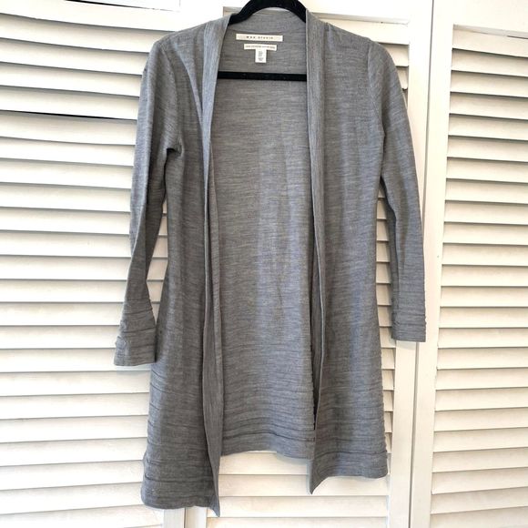 Max Studio size Small 100% Extra Fine Merino Wool Grey Open Front Long Cardigan - Picture 1 of 8